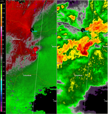 NEXRAD view of a supercell producing an EF3 tornado near Caledonia, Mississippi, displaying relative velocity on the left, and base reflectivity on the right.(Courtesy of NWS Jackson, Mississippi) Supercell Caledonia.png