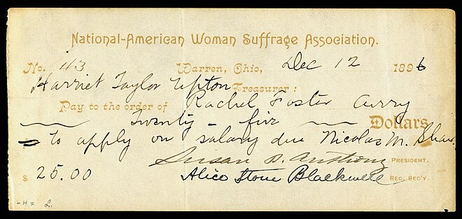 Susan B. Anthony and Alice Stone Blackwell signed NAWSA check, written by the group's treasurer Harriet Taylor Upton, payable to Rachel Foster Avery