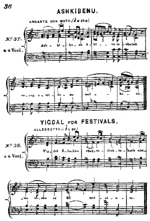 Ashkibenu (Hashkiveinu) and Yigdal from the Spanish and Portuguese Jews' Congregation in London, harmonised by Emanuel Aguilar. Talele zimra 036.gif