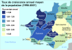 Carte du taux de croissance annuel moyen de la population (1990-2007)