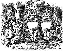 Illustration von Alice, die Tweedledum und Tweedledee trifft