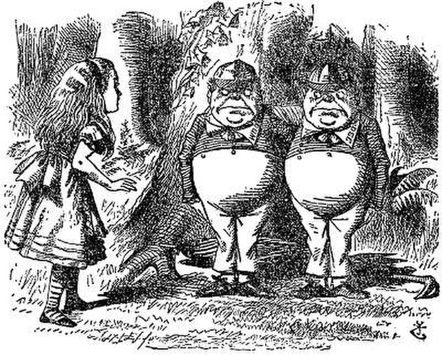 Alice meeting Tweedledum (centre) and Tweedledee (right)