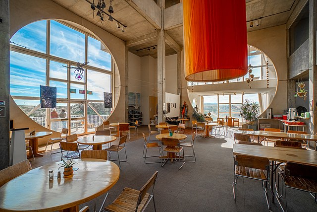 The cafe's dining area, two stories below the Arcosanti Visitors' Center and Gallery