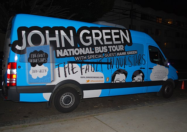 A tour van decorated for The Fault In Our Stars book tour in 2012