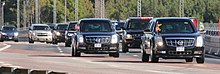 A presidential motorcade for Barack Obama. When travelling in their state car, the U.S. president is accompanied by a full motorcade of U.S. government vehicles. The Obama Motorcade (cropped).jpg