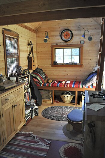 The interior of a tiny, mobile house in Portla...