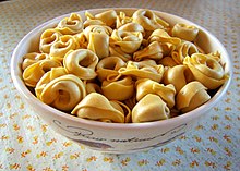 Industrially-made tortellini made using a machine