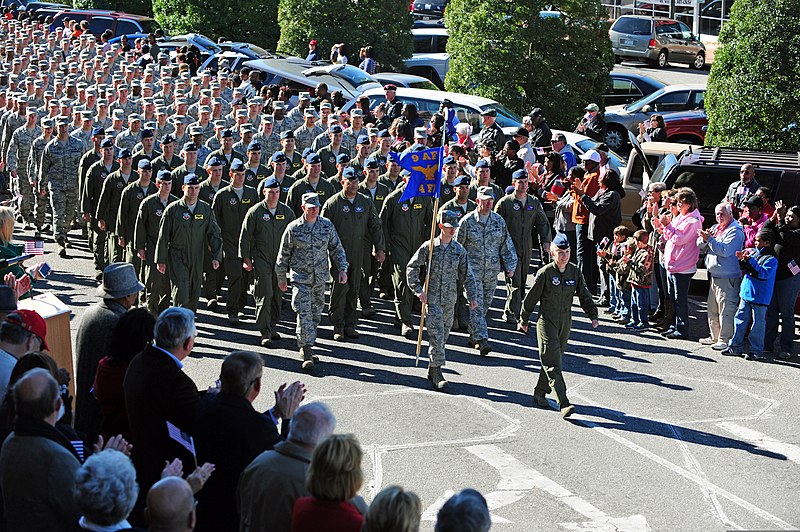 File:U.S. Air Force Col. Jeannie Leavitt, center front, the commander of the 4th Fighter Wing, leads Airmen stationed at Seymour Johnson Air Force Base as they march in a Veterans Day parade in Goldsboro, N.C 131111-F-YG094-173.jpg