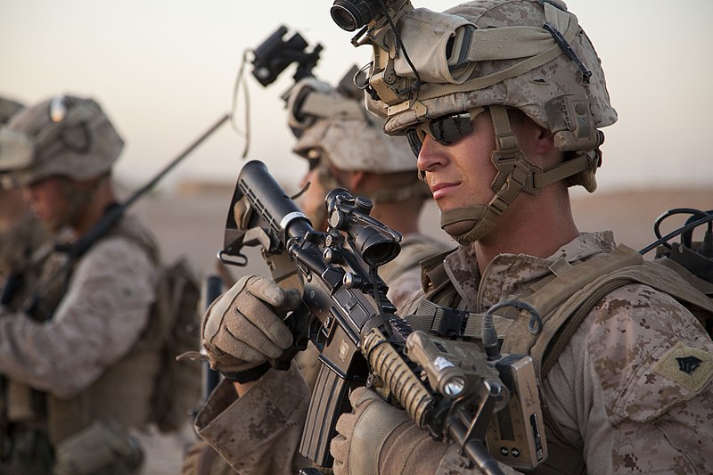 File:U.S. Marine Corps Sgt. Ryan Burks, a squad leader with Fox Company, 2nd Battalion, 8th Marine Regiment, Regimental Combat Team 7, prepares to participate in a mission rehearsal at Camp Bastion, Helmand province 130527-M-QZ858-001.jpg