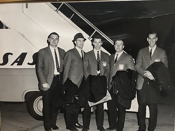 USA Hockey team members 1963 boarding plane, Herb Brooks, Larry Smith