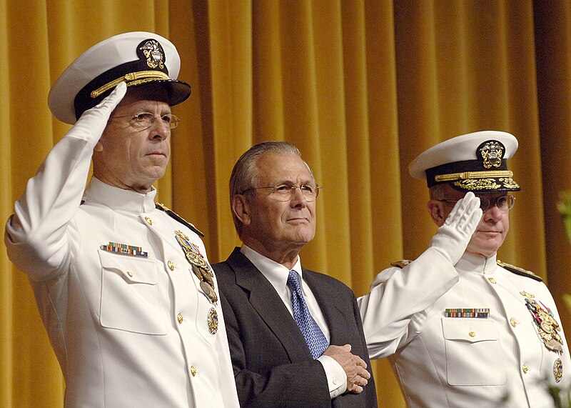 File:US Navy 050722-N-5390M-001 Secretary of Defense Donald Rumsfeld, center, Adm. Vern Clark, right, Chief of Naval Operations (CNO) and Adm. Mike Mullen salute the colors during a late-morning change-of-command ceremony.jpg