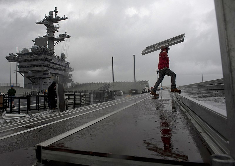 File:US Navy 111104-N-DR144-057 Civilian contractors assemble bleachers while constructing a basketball arena aboard Nimitz-class aircraft carrier USS C.jpg