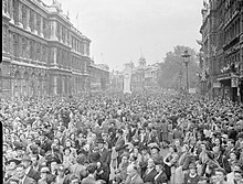 People gathered in Whitehall to hear Winston Churchill's victory speech, 8 May 1945. Ve Day Celebrations in London, England, UK, 8 May 1945 D24588.jpg