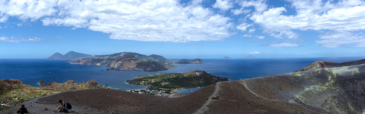 View to the north from the crater on Vulcano, showing the isthmus connection to the islet of Vulcanello