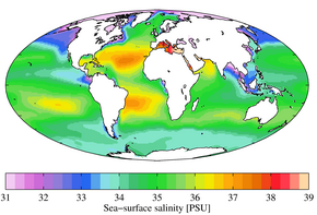Annual mean sea surface salinity for the World Ocean. Data from the World Ocean Atlas 2009. WOA09 sea-surf SAL AYool.png