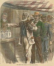 African Americans vote for the first time, as depicted in 1867 on the cover of Harper's magazine. Engraving by Alfred R. Waud (1867)