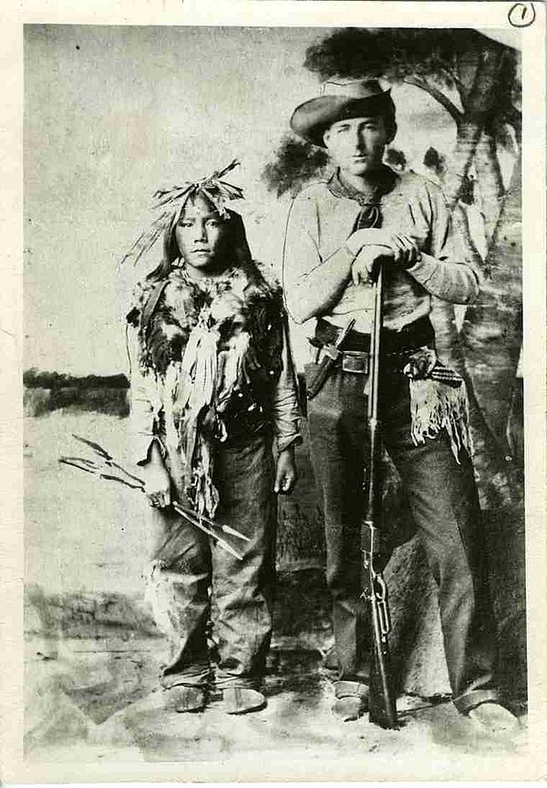 Survivor William Bleasdell Cameron with Horse Child, 12-year-old son of Big Bear. They were photographed together in Regina in 1885 during the trial o