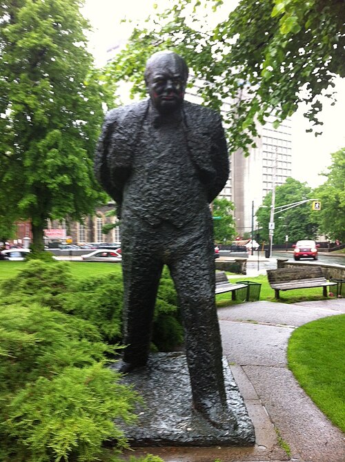 Statue of Winston Churchill outside the Spring Garden Memorial Library