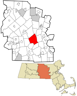 Worcesterin kaupunki Worcesterin piirikunnan kartalla.