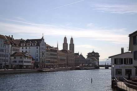 Buildings on the Limmat, looking toward Lake Zurich
