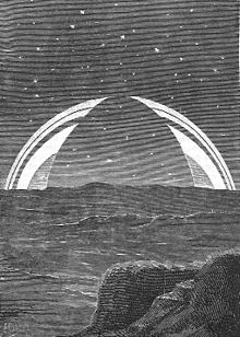 Paul Dominique Philippoteaux and engraver Laplante illustrate Jules Verne's story Off on a Comet, including an imaginative view looking up at the rings of Saturn from the planet itself. 'Off on a Comet' by Paul Philippoteaux 087.jpg