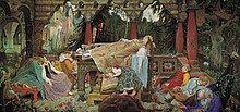 A depiction of Sleeping Beauty where the kingdom undergoes magical suspended animation for 100 years (by Viktor Mikhailovich Vasnetsov). Spiashchaia tsarevna.jpg