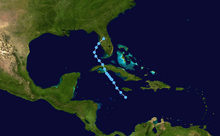 A track map of Tropical Depression Fourteen throughout the Caribbean Sea and Gulf of Mexico. The track starts out south of Jamaica and heads generally northwest, crossing Cuba and making landfall in Florida.