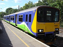 Silverlink liveried, London Overground operated Class 150/1 Sprinter at Gospel Oak in 2008 150120 at Gospel Oak.jpg