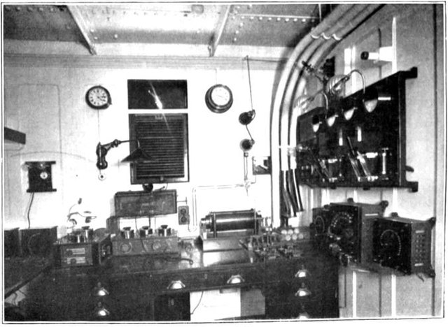 Marconi Company receiving equipment for a 5-kilowatt ocean liner station in the wireless radio room of Titanic's sister ship, Olympic