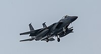 A US Air Force F-15C Eagle, tail number 85-0107, on final approach at Kadena Air Base in Okinawa, Japan. It is assigned to the 44th Fighter Squadron at Kadena AB.