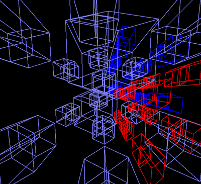 Five-dimensional 2 puzzle partial cutaway demonstrating that even with the minimum size in 5-D the puzzle is far from trivial. The 4-D nature of the stickers is clearly visible in this screen shot. 5-cube 2x2x2x2x2.png