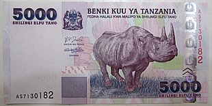 Nota de 5000 xelins da Tanzânia com rinoceronte negro como espécie de bandeira para a fauna