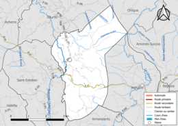 Carte en couleur présentant les réseau hydrographique de la commune