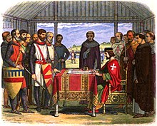 A romanticised 19th-century recreation of King John signing Magna Carta. Rather than signing in writing, the document would have been authenticated with the Great Seal and applied by officials rather than John himself. A Chronicle of England - Page 226 - John Signs the Great Charter.jpg