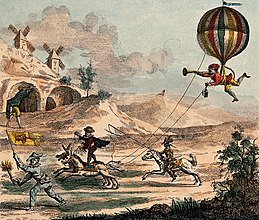 A man riding between two horses is pulling a man in a balloon behind him, other men in costume are accompanying them, one carrying a flag and a torch.