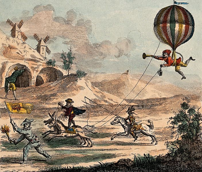 File:A man riding between two horses is pulling a man in a balloo Wellcome V0040880.jpg