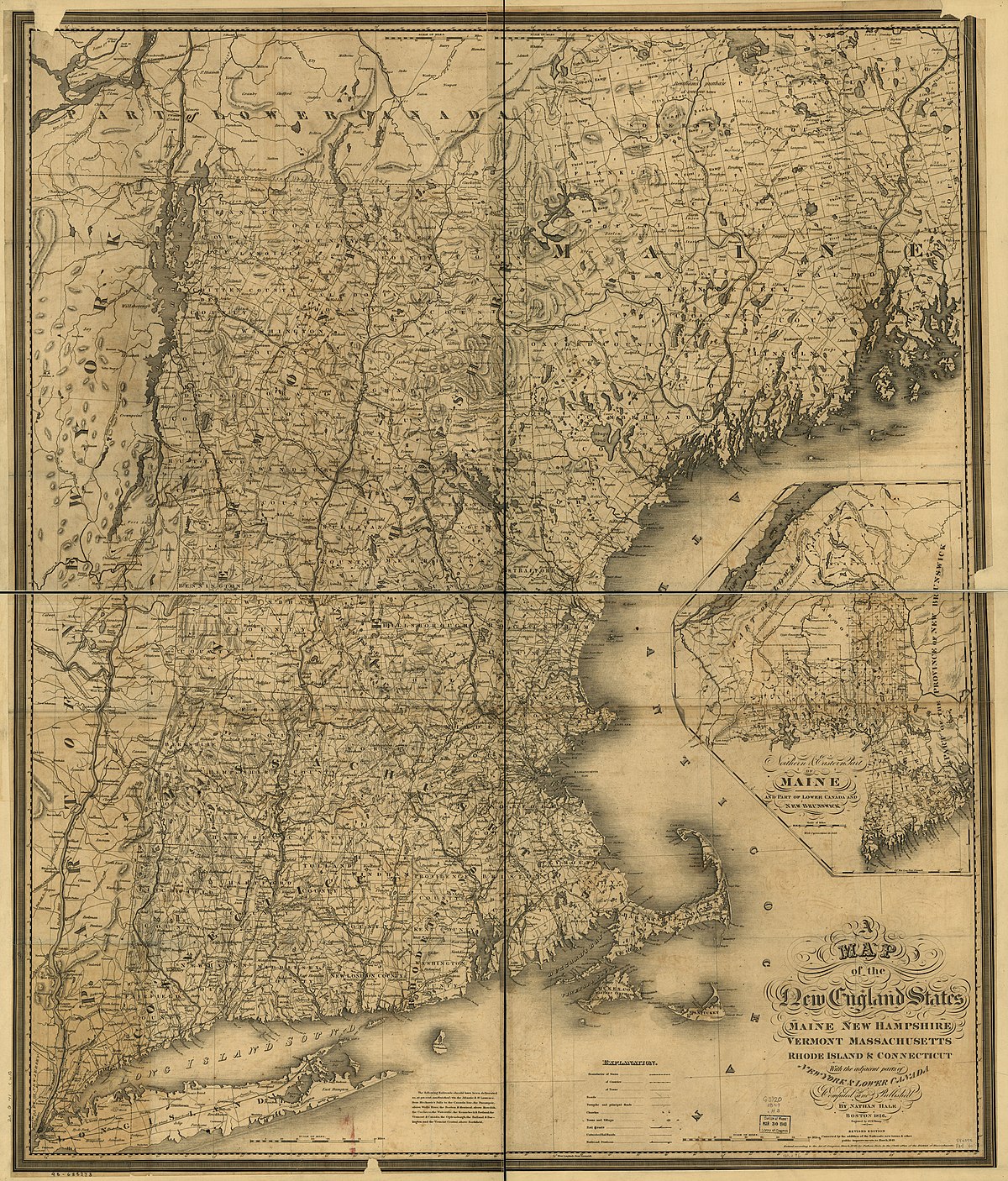 File A Map Of The New England States Maine New Hampshire Vermont Massachusetts Rhode Island Connecticut With The Adjacent Parts Of New York Lower Canada Compiled And Published By Nathan Hale