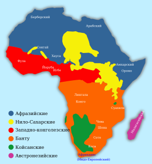 Распространение макросемей и некоторых крупнейших языков на территории Африки