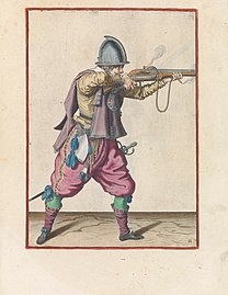 Aiming soldier, workshop of Jacob de Gheyn (II), colored print, 1597-1607.jpg