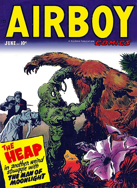 The Heap in mortal combat with the "Man of the Moonlight" on the cover of Airboy Comics, vol. 9 #5 (June 1952). Artwork by Ernest Schroeder.