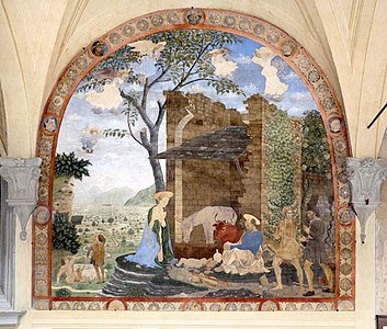 Nativitæ e anunçio a-i pastoî, afrésco, 1463 (Ciostrìn di Vôti da Baxìlica da Ss. Nonçiâ - Firense)