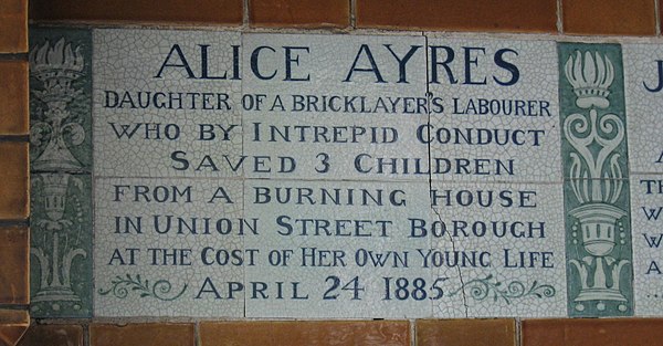 The Alice Ayres tile in the Memorial to Heroic Self-Sacrifice, Postman's Park, London