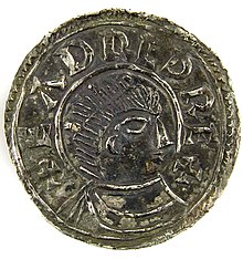 An early medieval (Anglo Saxon) silver coin, penny of Eadred dating AD946-955. North no. 713. (FindID 199784) (Cropped).jpg