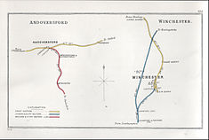 A 1913 Railway Clearing House map showing (right) railways in the vicinity of Winchester (Chesil); shown here as G.W. PASS Andoversford, Winchester RJD 132.jpg