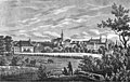 Glauchau vor 1836[84] (Stahlstich): Nordflügel Forderglauchaus (Bildmitte) und Nordflügel Hinterglauchaus (rechts) mit Turm der Nordwestecke des Nordflügels, dahinter Treppenturm der Südostecke des Hofes