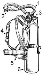 Mistral twin-hose regulator mounted on a diving cylinder. The regulator is formed by the ensemble of the mouthpiece and the regulator body, joined on each of its sides by the two hoses. The rear of the regulator is connected to the high-pressure valve of the cylinder.
.mw-parser-output .plainlist ol,.mw-parser-output .plainlist ul{line-height:inherit;list-style:none;margin:0;padding:0}.mw-parser-output .plainlist ol li,.mw-parser-output .plainlist ul li{margin-bottom:0}
1. Hose
2. Mouthpiece
3. Valve
4. Harness
5. Backplate
6. Cylinder Aqualung (PSF).png