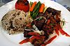 A fancy Arabic mixed grill. Clockwise from top: lamb ''kofta'', chicken ''shish tawuk'', beef ''shish kebab'', ''rozz'' (Arabic rice), vegetables.