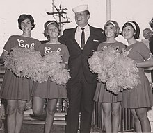 Art Linkletter and the Cal Berkeley pom-pom squad in 1963. Sorensen is second from left. Art Linkletter on CVA41 in 1963 with UCB pompon squad.jpg