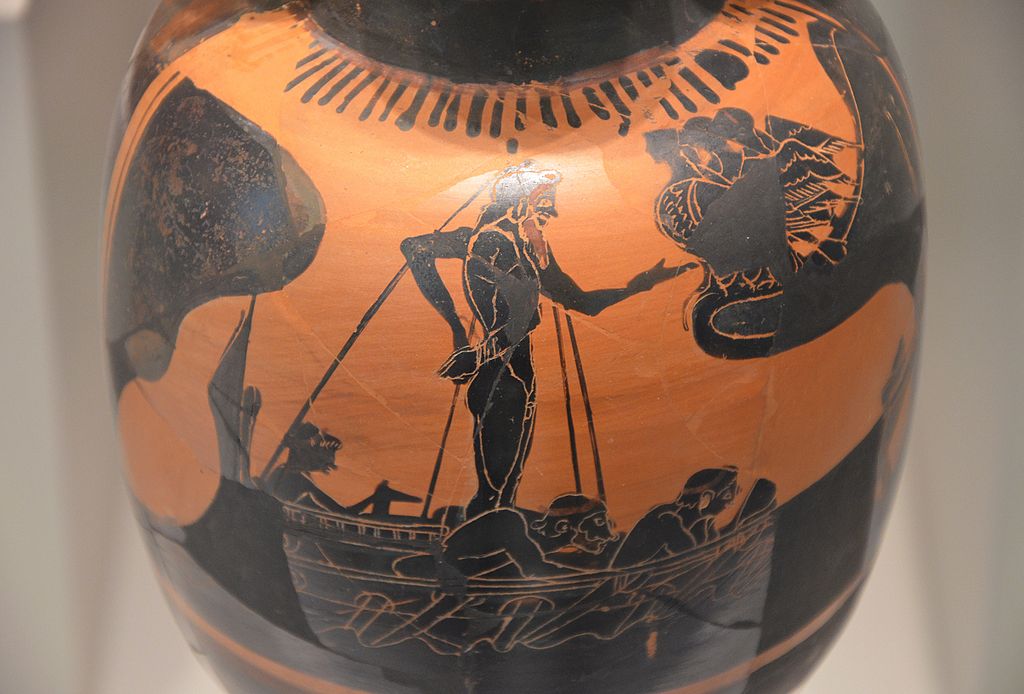 Attic black-figure oenochoe, Odysseus resists the song of the Sirens, 525-500 BC, Altes Museum Berlin (13718823364).jpg