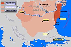 Карта на Добруджанското деспотство, Търновското царство и Видинското царство от втората половина на XIV век